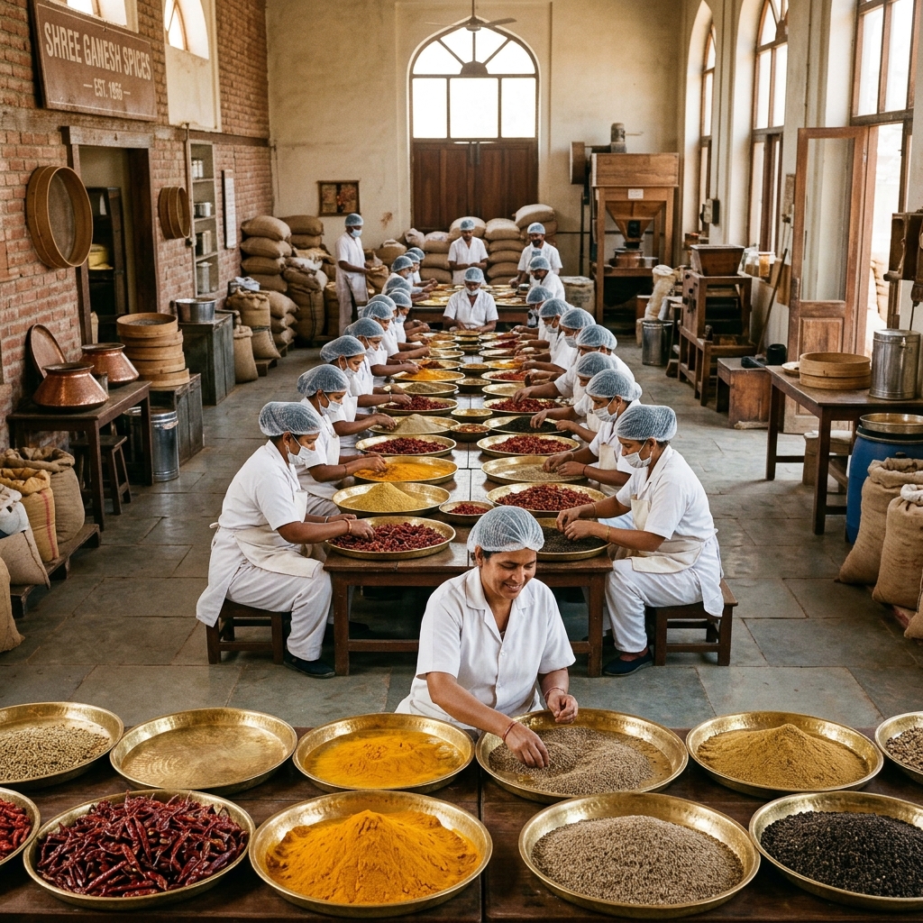 Spices being cleaned and ground at the JP Masala facility